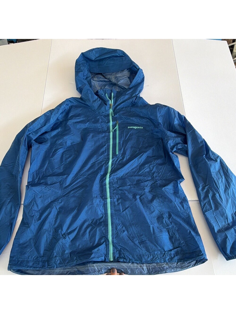 Patagonia Women's Hooded Full Zip Windbreaker Nylon Ripstop XL Blue Pockets